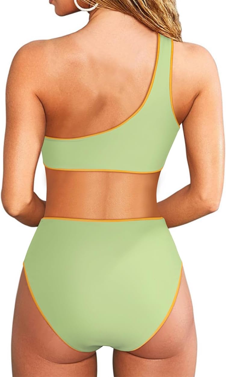 MOOSLOVER Women One Shoulder High Waisted Bikini Tie High Cut Two Piece Swimsuits