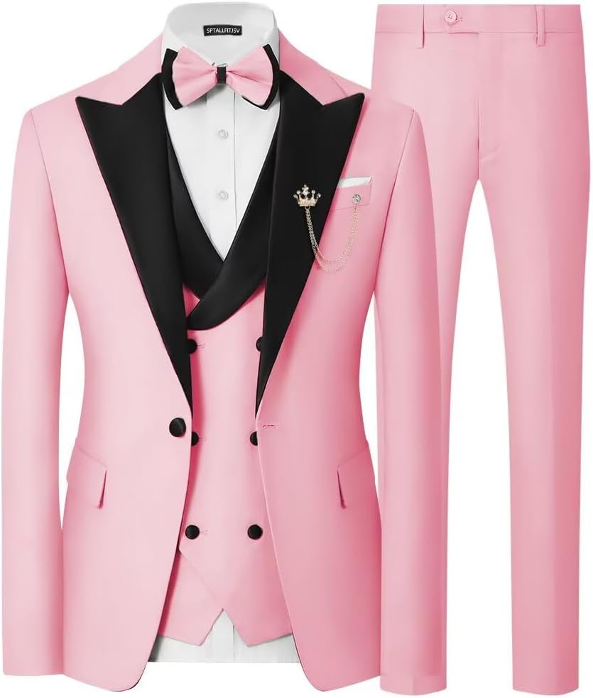 Mens 3 Piece Tuxedo Suit Slim Fit Wedding Prom Dinner Tuxedo for Men Double Breasted Suits Set with Bow Tie