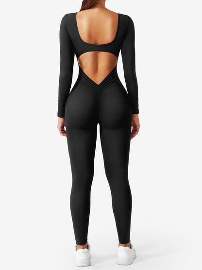 YEOREO Long Sleeve Jumpsuits for Women V Back Bodysuit Workout Full Length Bodycon Scrunch Leggings One Piece Romper