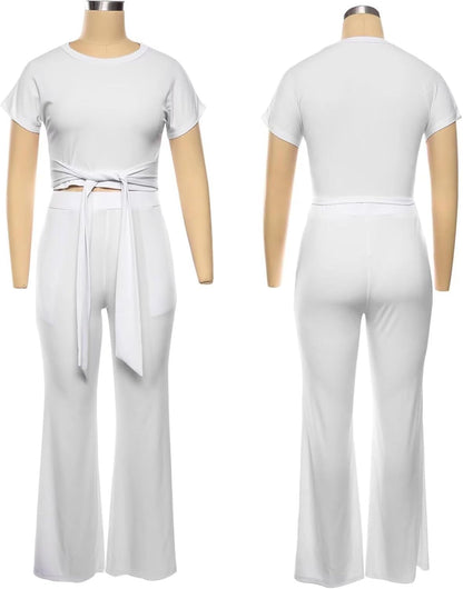 EDITCOZY Women 2 Piece Outfits Sexy Tie Front Crop Top Wide Leg Pants Sets Casual Summer Ribbed Two Piece Set