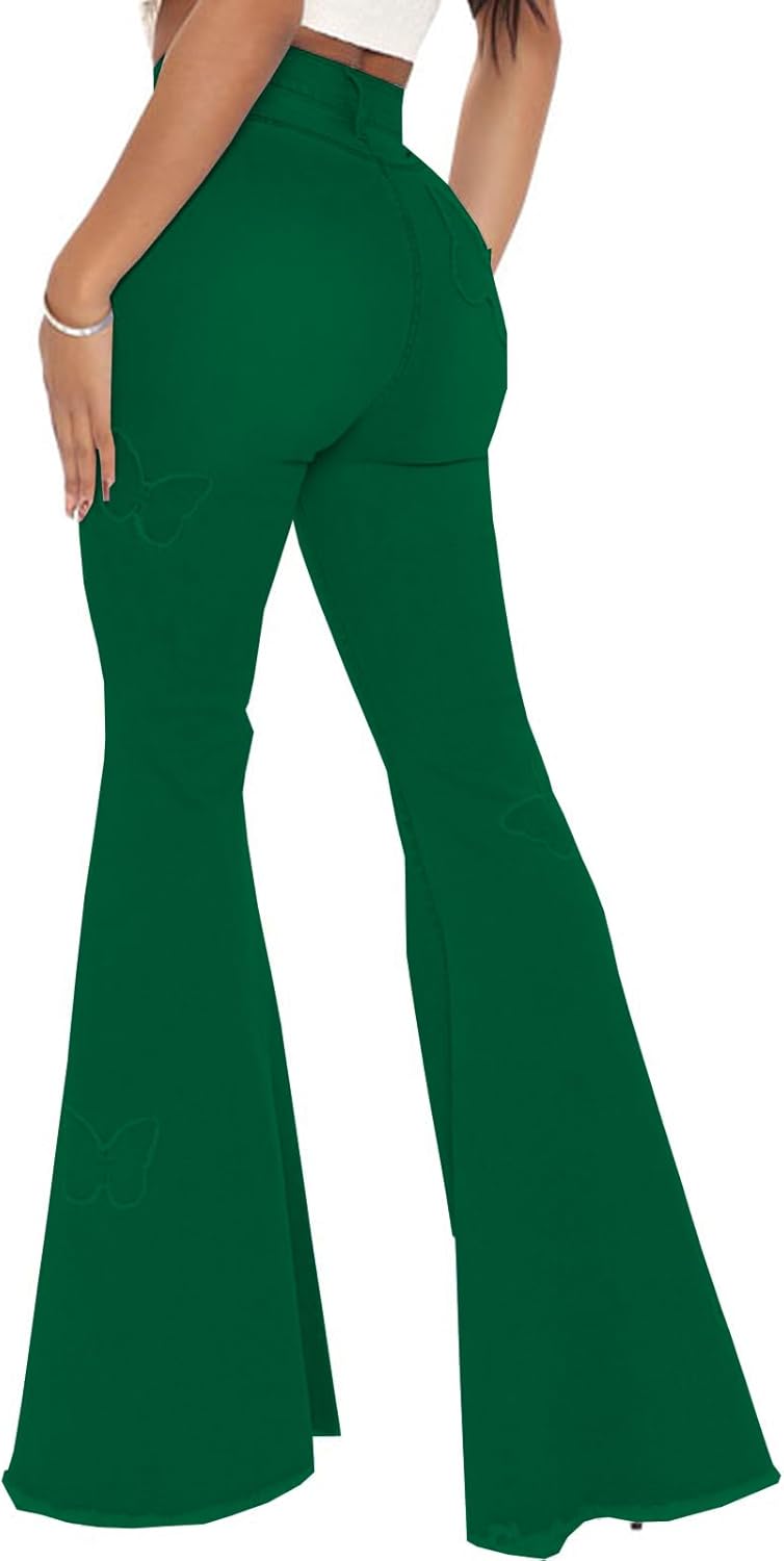 Women's Bell Bottom Jeans Classic Destoryed Ripped Flare Jeans Elastic Waist Raw Hem Denim Pants