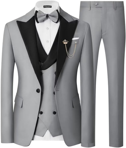 Mens 3 Piece Tuxedo Suit Slim Fit Wedding Prom Dinner Tuxedo for Men Double Breasted Suits Set with Bow Tie
