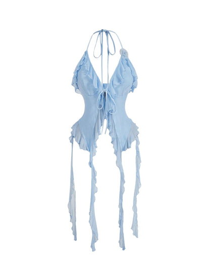 WDIRARA Women's 3D Flower Tie Front Ruffle Trim Halter Top Tie Backless Camisole