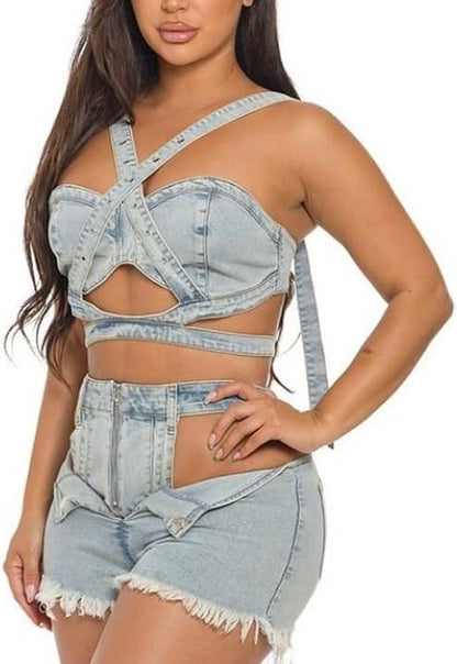 Womens Sexy Denim 2 Piece Outfit Stretchy Crop Tank Top Bodycon Shorts Set Hollow Out Jean Vest Club Tracksuit Summer