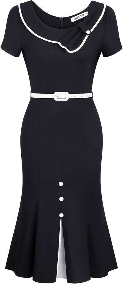 MUXXN Women's Retro 60s Sailor Collar Short Sleeve Pinup Cocktail Work Mermaid Dress with Belt
