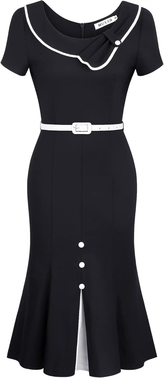 MUXXN Women's Retro 60s Sailor Collar Short Sleeve Pinup Cocktail Work Mermaid Dress with Belt