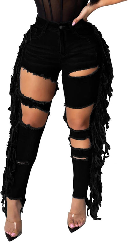 Women's Skinny Ripped Jeans Stretch Destroyed Mid High Waist Denim Pants