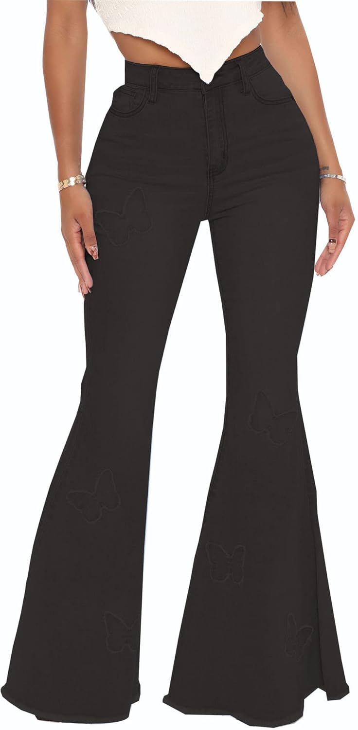 Women's Bell Bottom Jeans Classic Destoryed Ripped Flare Jeans Elastic Waist Raw Hem Denim Pants