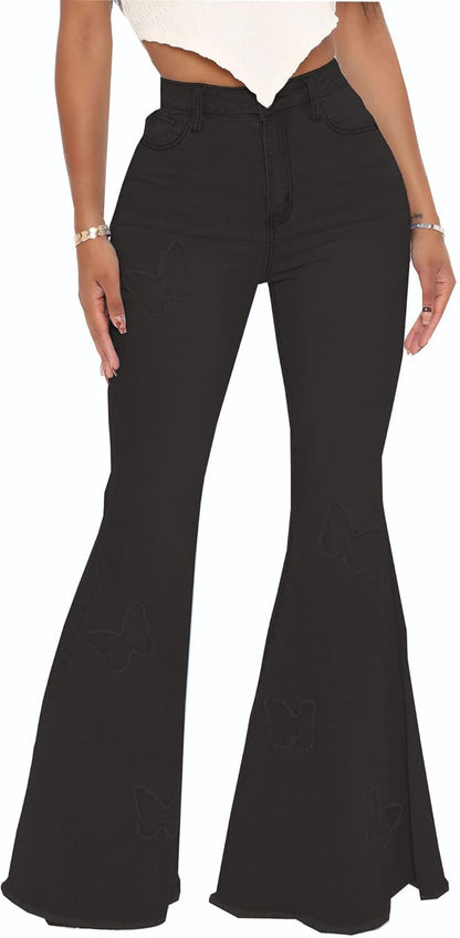 Women's Bell Bottom Jeans Classic Destoryed Ripped Flare Jeans Elastic Waist Raw Hem Denim Pants