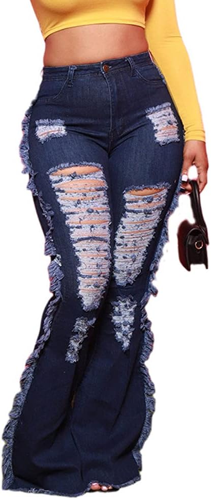 Women's Bell Bottom Jeans Classic Destoryed Ripped Flare Jeans Elastic Waist Raw Hem Denim Pants