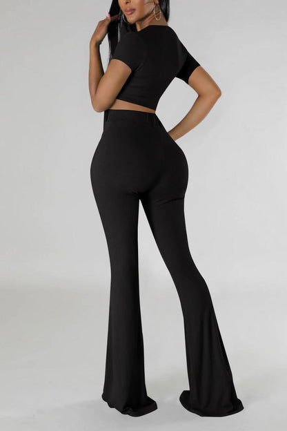 OLUOLIN Two Piece Sets for Women Short Sleeve Sexy V Neck Belted Crop Tops Wide Leg Pants Set Tracksuit