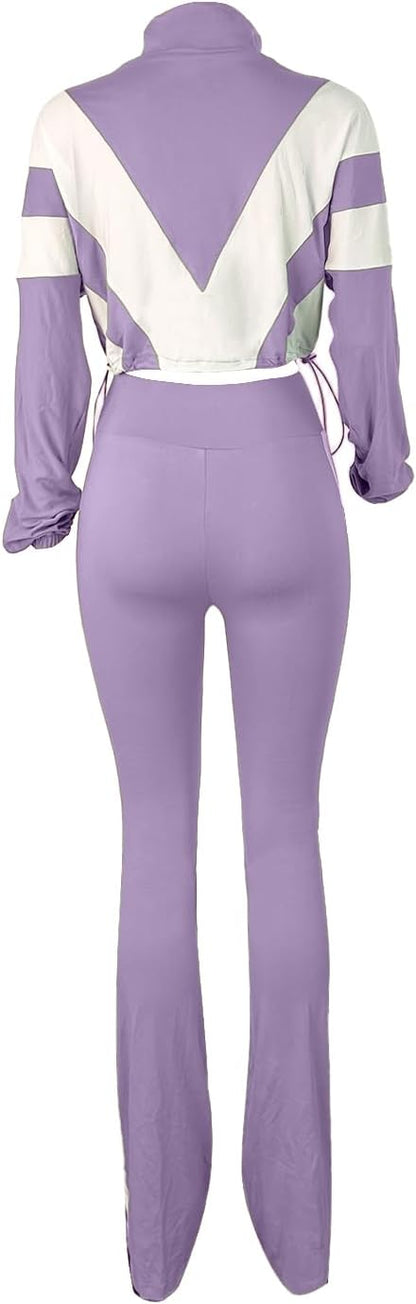 Women 2 Piece Outfit Long Sleeve Zip Up Crop Jacket High Waist Stretchy Pants