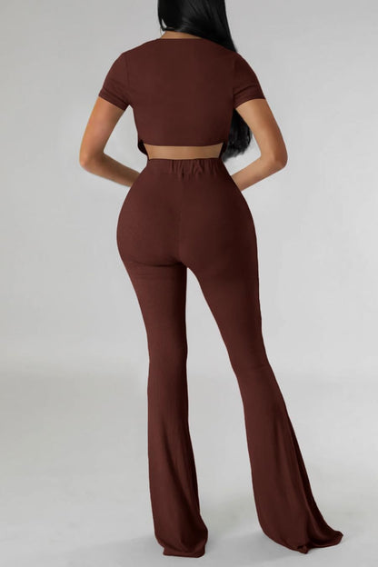 OLUOLIN Two Piece Sets for Women Short Sleeve Sexy V Neck Belted Crop Tops Wide Leg Pants Set Tracksuit