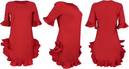 LKOUS Women Short Sleeve Round Neck Ruffles Hem Loose Midi Dresses Casual Short Dress