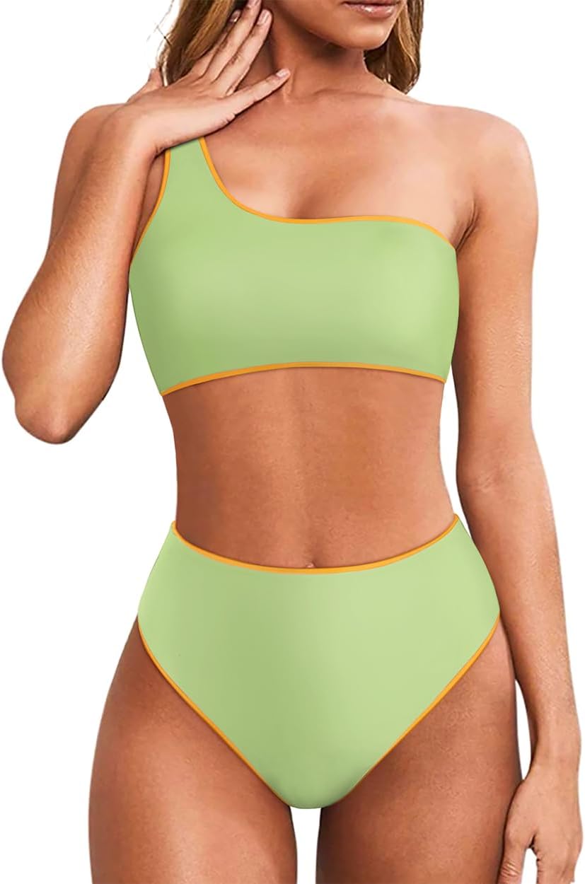 MOOSLOVER Women One Shoulder High Waisted Bikini Tie High Cut Two Piece Swimsuits