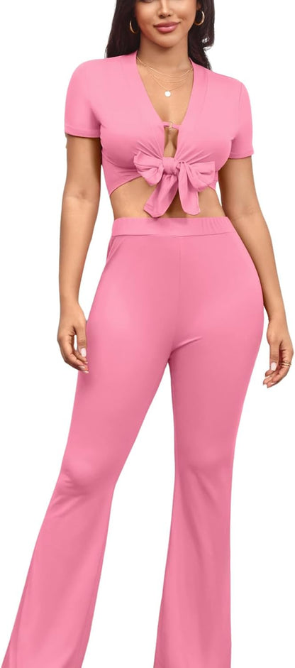 OLUOLIN Two Piece Sets for Women Short Sleeve Sexy V Neck Belted Crop Tops Wide Leg Pants Set Tracksuit