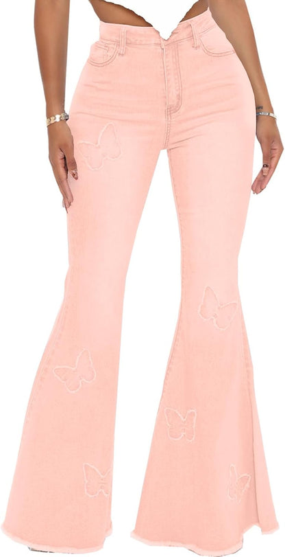 Women's Bell Bottom Jeans Classic Destoryed Ripped Flare Jeans Elastic Waist Raw Hem Denim Pants