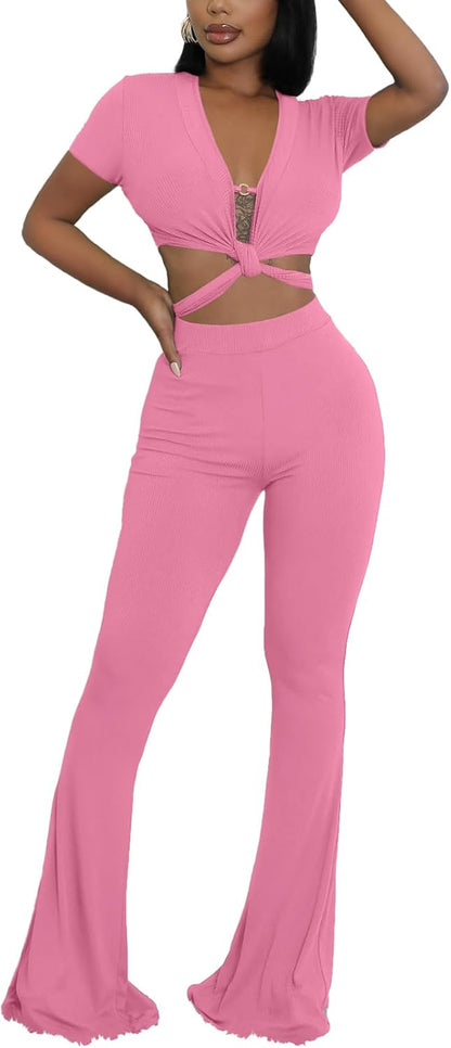 OLUOLIN Two Piece Sets for Women Short Sleeve Sexy V Neck Belted Crop Tops Wide Leg Pants Set Tracksuit