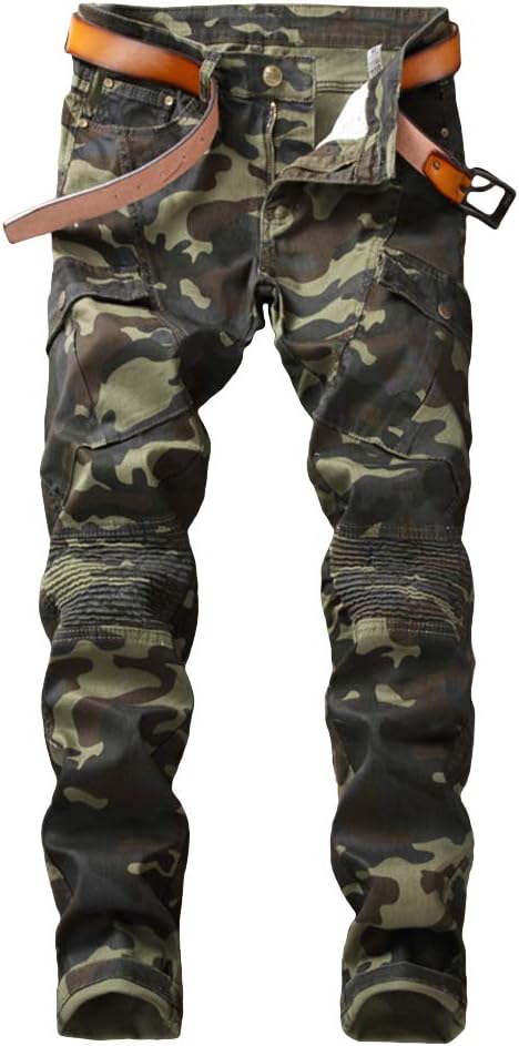 Enrica Men's Ripped Straight Slim Moto Biker Jeans
