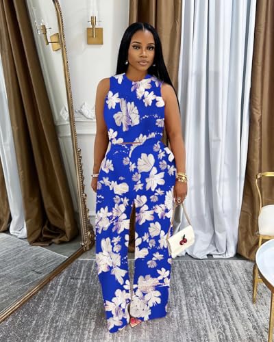 Womens Trendy Ribbed Knit 2 Piece Outfit Sleeveless Crop Top and High Waist Wide Leg Pants Matching Lounge Set