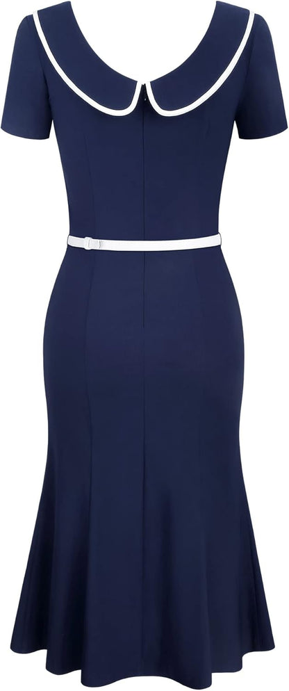 MUXXN Women's Retro 60s Sailor Collar Short Sleeve Pinup Cocktail Work Mermaid Dress with Belt