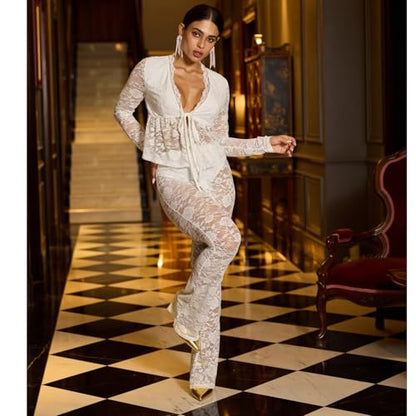 acelyn 2 Piece Lace Outfits For Women Floral Sheer Tie Frone Long Sleeve Crop Top and Flared Pants Y2K Club Outfit