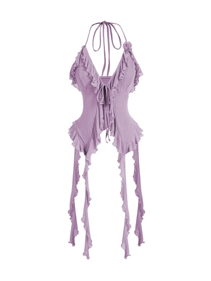 WDIRARA Women's 3D Flower Tie Front Ruffle Trim Halter Top Tie Backless Camisole