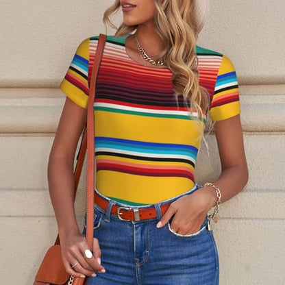 Serape Rainbow Stripes Mexican Pattern Women’s Short Sleeve Bodysuit Round Neck Onesie Stretchy One-Piece Jumpsuit