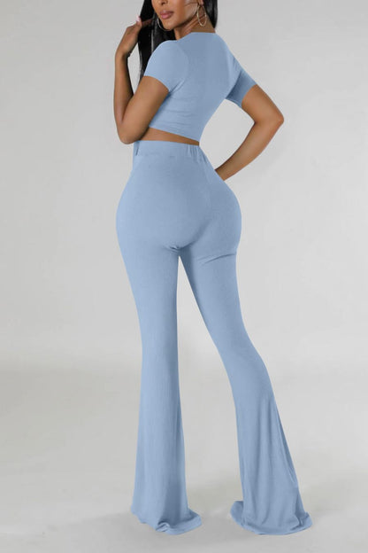 OLUOLIN Two Piece Sets for Women Short Sleeve Sexy V Neck Belted Crop Tops Wide Leg Pants Set Tracksuit