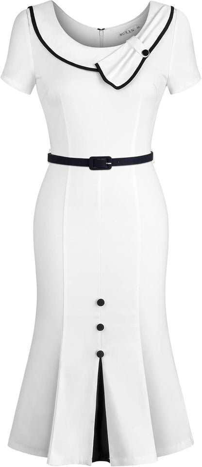 MUXXN Women's Retro 60s Sailor Collar Short Sleeve Pinup Cocktail Work Mermaid Dress with Belt