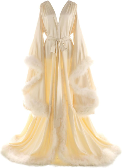 Women's Feather Bridal Robes Old Hollywood Maternity Photoshoot Nightgown Silk Bathrobe Long Lingerie