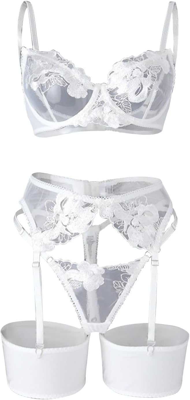 Lilosy Sexy Leaf Floral Embroidered Mesh Sheer Women Underwire Push Up Lingerie Set