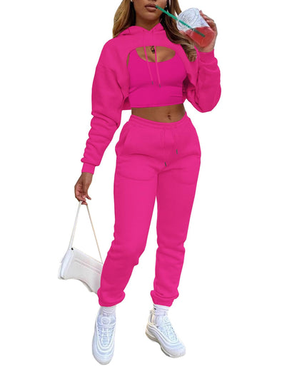 Adogirl Women 3 Piece Outfits Tracksuits Set Sexy Long Sleeve Pullover Hoodie Tank Crop Tops Jogger Sweatpants Sweatsuits
