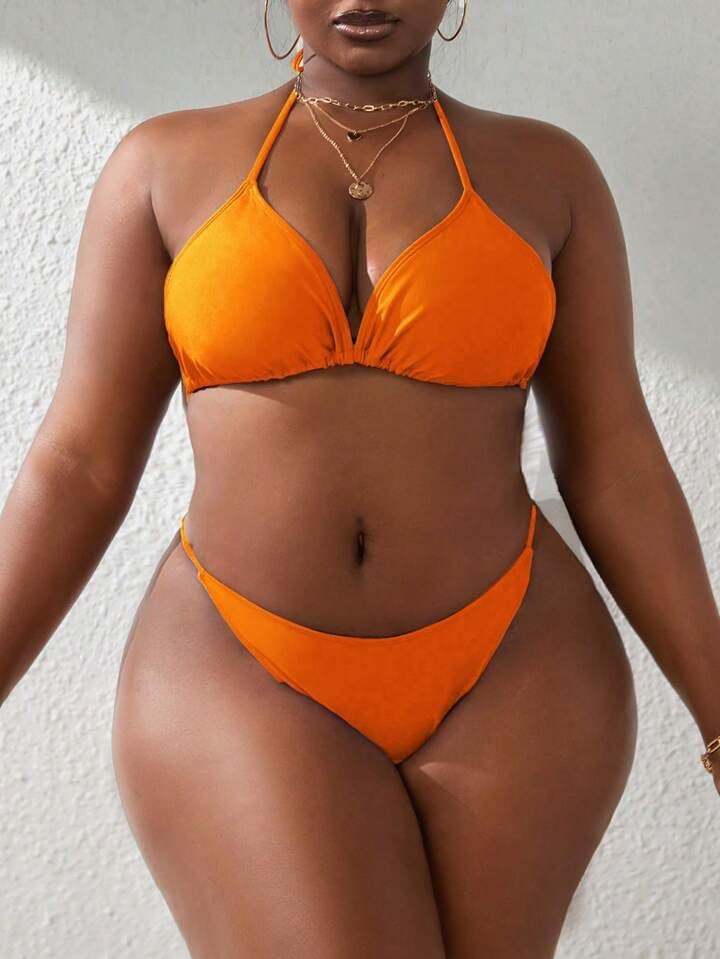 YELAIVP Women's Plus Size Halter String Triangle Bikini Sets 3 Piece Swimsuits with Side Ruched Drawstring Cover Up