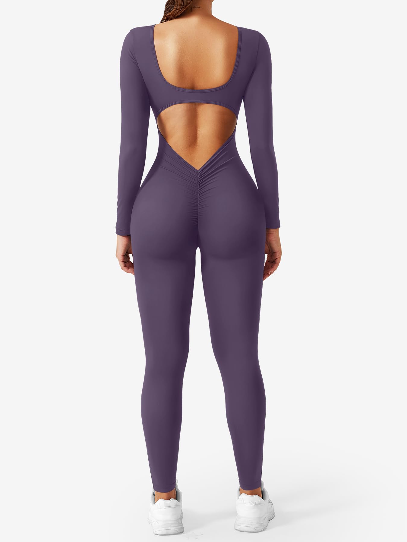 YEOREO Long Sleeve Jumpsuits for Women V Back Bodysuit Workout Full Length Bodycon Scrunch Leggings One Piece Romper