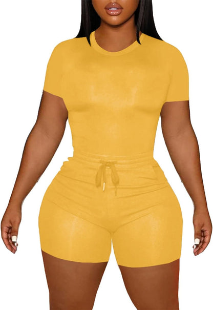 LovelyWholesale Women's Summer 2 Piece Outfits Skinny Shorts Tracksuit Sets