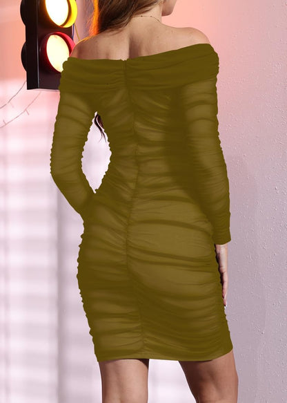 MOEENCN Mesh Long Sleeve Ruched Dress Sexy Off Shoulder Bodycon Women Knee Length Party Date Night Outfits