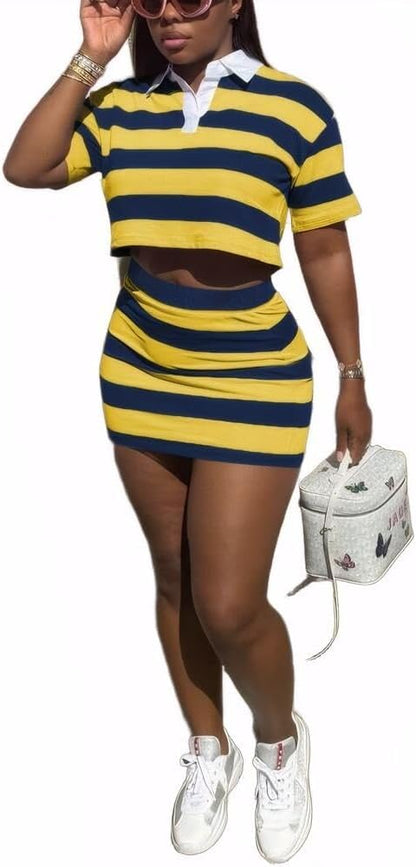 HBQ Women's Casual Two Piece Skirt Sets Polo Collar Crop Top Striped Mini Dress Summer Vacation-Stripe