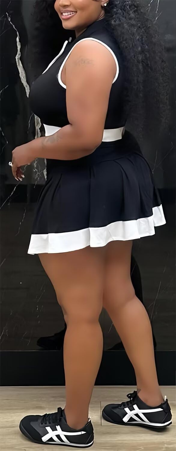 Tennis Outfit Skirt Sets Women 2 Piece Outfits Zipper V Neck Crop Tops and Pleated Skirt Set Summer Tracksuits