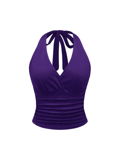 WDIRARA Women's Leopard Print Ruched Halter Crop Tops V Neck Tie Back Sleeveless Slim Fit Cami Tops