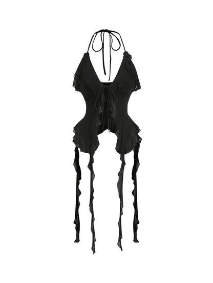 WDIRARA Women's 3D Flower Tie Front Ruffle Trim Halter Top Tie Backless Camisole