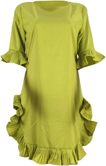 LKOUS Women Short Sleeve Round Neck Ruffles Hem Loose Midi Dresses Casual Short Dress