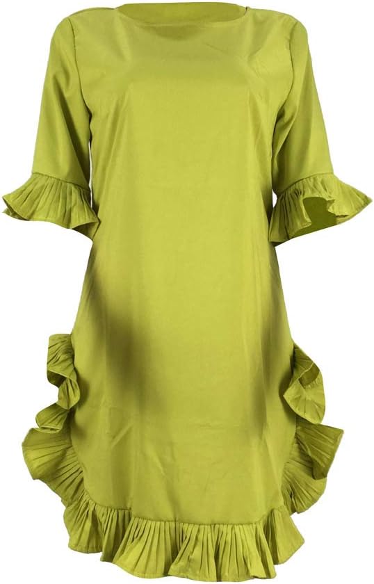 LKOUS Women Short Sleeve Round Neck Ruffles Hem Loose Midi Dresses Casual Short Dress