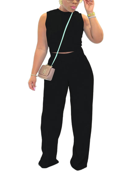 Womens Trendy Ribbed Knit 2 Piece Outfit Sleeveless Crop Top and High Waist Wide Leg Pants Matching Lounge Set