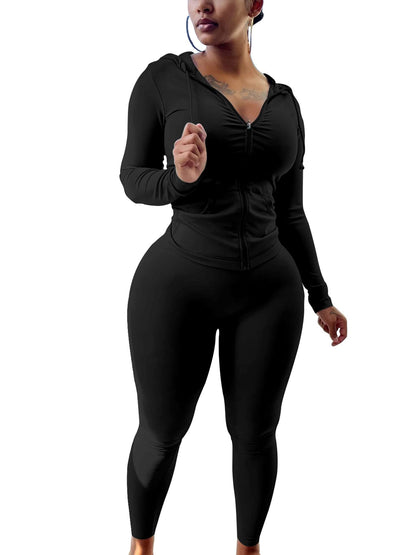 PINSV Women Two Piece Outfits Workout Sets Bodycon Tracksuit Long Sleeve Zip Up Hoodie Jacket Jogger Matching Sweat Pants Set