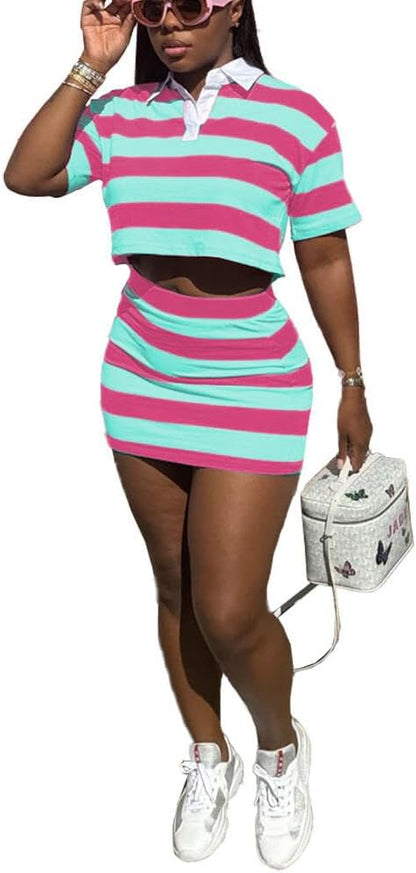 HBQ Women's Casual Two Piece Skirt Sets Polo Collar Crop Top Striped Mini Dress Summer Vacation-Stripe