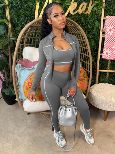 Womens Lounge 3 Piece Outfits Long Sleeve High Neck Zipper Slim Jacket Bodycon Pants Tracksuits Workout Set