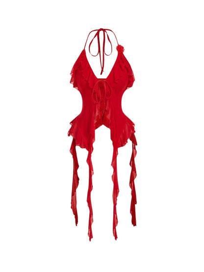 WDIRARA Women's 3D Flower Tie Front Ruffle Trim Halter Top Tie Backless Camisole