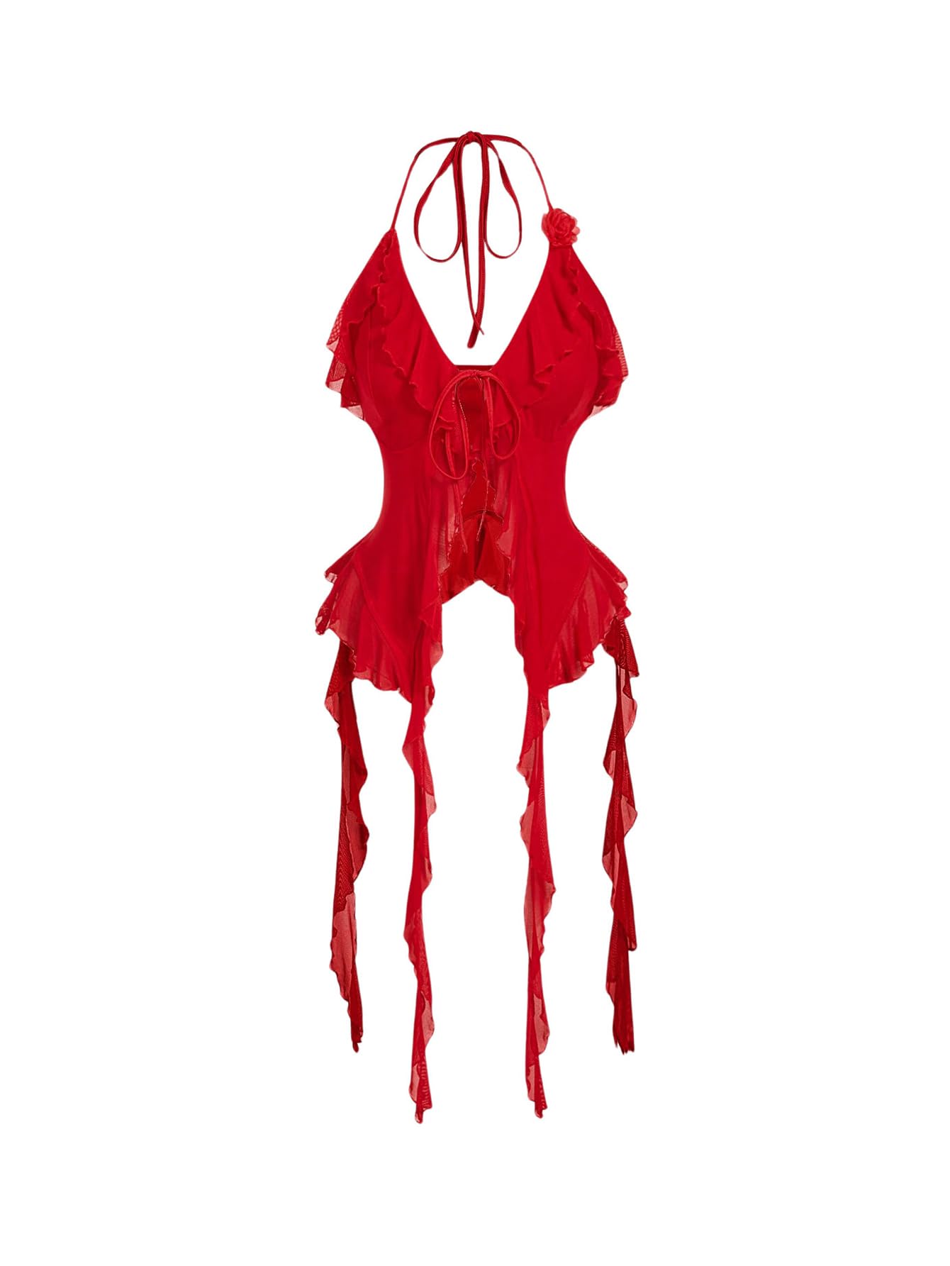 WDIRARA Women's 3D Flower Tie Front Ruffle Trim Halter Top Tie Backless Camisole