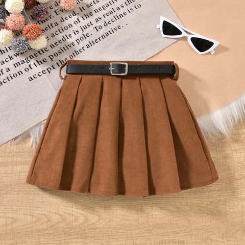 HINTINA Toddler Little Girl Sleeveless Button Vest Ribbed Long Sleeve Collar Top And Pleated Skirt With Belt